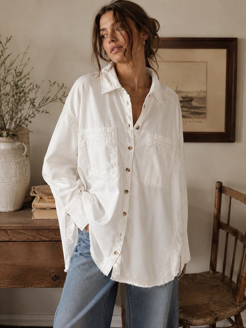 Free People We The Free White Denim Oversized Long Sleeve Button Down Size Lg